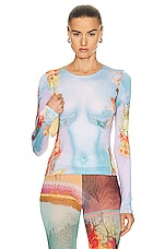 Jean Paul Gaultier Printed Body Flowers Long Sleeve Top in Blue & Yellow, view 1, click to view large image.