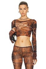 Jean Paul Gaultier X KNWLS Boat Neck Long Sleeve Scratch Wood Cropped Top in Brown & Ecru, view 1, click to view large image.