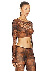 Jean Paul Gaultier X KNWLS Boat Neck Long Sleeve Scratch Wood Cropped Top in Brown & Ecru, view 2, click to view large image.