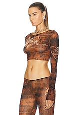 Jean Paul Gaultier X KNWLS Boat Neck Long Sleeve Scratch Wood Cropped Top in Brown & Ecru, view 3, click to view large image.