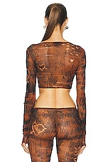 Jean Paul Gaultier X KNWLS Boat Neck Long Sleeve Scratch Wood Cropped Top in Brown & Ecru, view 4, click to view large image.