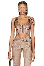 Jean Paul Gaultier X KNWLS Laced Branded Patch Sleeveless Crop Top in Brown & Ecru, view 1, click to view large image.