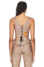 Jean Paul Gaultier X KNWLS Laced Branded Patch Sleeveless Crop Top in Brown & Ecru, view 3, click to view large image.