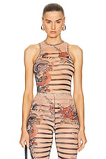 Jean Paul Gaultier Printed Mariniere Tattoo Sleeveless Bodysuit in Nude, Blue, & Red, view 1, click to view large image.