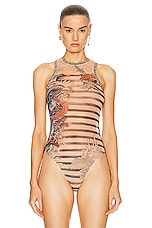 Jean Paul Gaultier Printed Mariniere Tattoo Sleeveless Bodysuit in Nude, Blue, & Red, view 2, click to view large image.