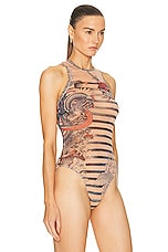 Jean Paul Gaultier Printed Mariniere Tattoo Sleeveless Bodysuit in Nude, Blue, & Red, view 3, click to view large image.