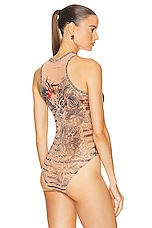 Jean Paul Gaultier Printed Mariniere Tattoo Sleeveless Bodysuit in Nude, Blue, & Red, view 4, click to view large image.