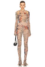 Jean Paul Gaultier Printed Mariniere Tattoo Sleeveless Bodysuit in Nude, Blue, & Red, view 5, click to view large image.