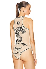 Jean Paul Gaultier Printed Safe Sex Tattoo Sleeveless Bodysuit in Nude, view 4, click to view large image.