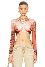 Jean Paul Gaultier Printed Corps Long Sleeve Cropped Top in Light Nude, view 1, click to view large image.