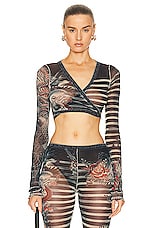 Jean Paul Gaultier Printed Mariniere Tattoo Cache V Neck Long Sleeve Top in Navy, Blue, & White, view 1, click to view large image.