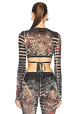 Jean Paul Gaultier Printed Mariniere Tattoo Cache V Neck Long Sleeve Top in Navy, Blue, & White, view 3, click to view large image.