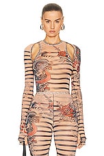 Jean Paul Gaultier Printed Mariniere Tattoo Long Sleeve Shawl in Nude, Blue, & Red, view 1, click to view large image.