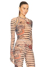 Jean Paul Gaultier Printed Mariniere Tattoo Long Sleeve Shawl in Nude, Blue, & Red, view 2, click to view large image.