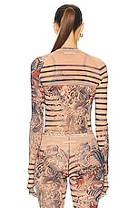 Jean Paul Gaultier Printed Mariniere Tattoo Long Sleeve Shawl in Nude, Blue, & Red, view 3, click to view large image.