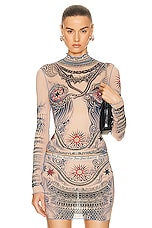 Jean Paul Gaultier Printed Soleil Long Sleeve High Neck Top in Nude, Blue, & Red, view 1, click to view large image.