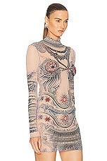 Jean Paul Gaultier Printed Soleil Long Sleeve High Neck Top in Nude, Blue, & Red, view 2, click to view large image.