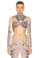 Jean Paul Gaultier Printed Soleil Long Sleeve High Neck Cropped Top in Nude, Blue, & Red, view 1, click to view large image.
