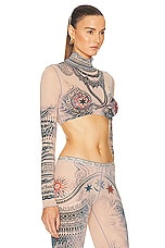 Jean Paul Gaultier Printed Soleil Long Sleeve High Neck Cropped Top in Nude, Blue, & Red, view 2, click to view large image.