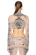 Jean Paul Gaultier Printed Soleil Long Sleeve High Neck Cropped Top in Nude, Blue, & Red, view 3, click to view large image.