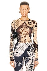 Jean Paul Gaultier Printed Heraldique Long Sleeve Crew Neck Top in Nude & Navy, view 1, click to view large image.