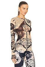 Jean Paul Gaultier Printed Heraldique Long Sleeve Crew Neck Top in Nude & Navy, view 2, click to view large image.