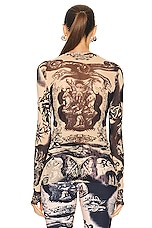 Jean Paul Gaultier Printed Heraldique Long Sleeve Crew Neck Top in Nude & Navy, view 3, click to view large image.