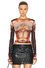 Jean Paul Gaultier Printed Safe Sex Tattoo Long Sleeve Crew Neck Top in Nude, Brown, & Black, view 1, click to view large image.