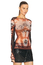 Jean Paul Gaultier Printed Safe Sex Tattoo Long Sleeve Crew Neck Top in Nude, Brown, & Black, view 2, click to view large image.