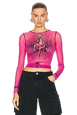 Jean Paul Gaultier Printed Safe Sex Tattoo Long Sleeve Crew Neck Top in Pink Shocking, view 1, click to view large image.