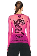 Jean Paul Gaultier Printed Safe Sex Tattoo Long Sleeve Crew Neck Top in Pink Shocking, view 3, click to view large image.