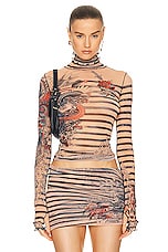 Jean Paul Gaultier Printed Mariniere Tattoo High Neck Long Sleeve Top in Nude, Blue, & Red, view 1, click to view large image.