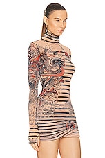 Jean Paul Gaultier Printed Mariniere Tattoo High Neck Long Sleeve Top in Nude, Blue, & Red, view 2, click to view large image.