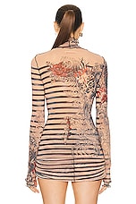 Jean Paul Gaultier Printed Mariniere Tattoo High Neck Long Sleeve Top in Nude, Blue, & Red, view 3, click to view large image.