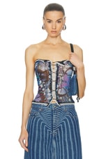 Jean Paul Gaultier Papillon Mesh Lacing Detail Bustier Top in Blue & Multicolor, view 1, click to view large image.