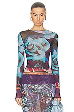 Jean Paul Gaultier Roses Mesh Long Sleeve Top in Purple, Blue, & Pale Pink, view 1, click to view large image.