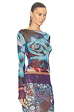 Jean Paul Gaultier Roses Mesh Long Sleeve Top in Purple, Blue, & Pale Pink, view 2, click to view large image.