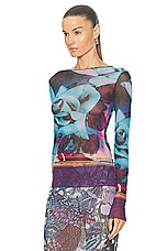 Jean Paul Gaultier Roses Mesh Long Sleeve Top in Purple, Blue, & Pale Pink, view 3, click to view large image.