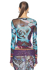 Jean Paul Gaultier Roses Mesh Long Sleeve Top in Purple, Blue, & Pale Pink, view 4, click to view large image.
