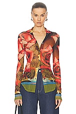 Jean Paul Gaultier Roses Mesh Long Sleeve Top in Green, Red, & Blue, view 1, click to view large image.
