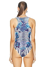 Jean Paul Gaultier Flower Body Morphing Bodysuit in White, Navy, & Aqua, view 4, click to view large image.