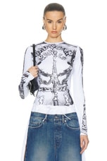 Jean Paul Gaultier Dentelle Trompe L'oeil Long Sleeve Top in White & Black, view 1, click to view large image.