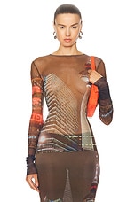 Jean Paul Gaultier X Shayne Oliver Mesh City Long Sleeve Top in Brown, Green, Blue, & Red, view 1, click to view large image.