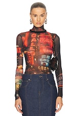 Jean Paul Gaultier Pigalle Mesh Long sleeve Printed Top in Black, Red, Orange, & Blue, view 1, click to view large image.