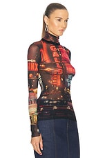 Jean Paul Gaultier Pigalle Mesh Long sleeve Printed Top in Black, Red, Orange, & Blue, view 2, click to view large image.