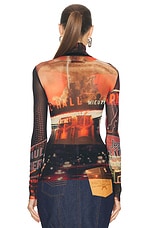 Jean Paul Gaultier Pigalle Mesh Long sleeve Printed Top in Black, Red, Orange, & Blue, view 3, click to view large image.