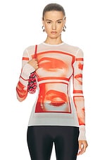 Jean Paul Gaultier Eyes And Lips Mesh Long Sleeve Printed Top in White, Red, & Light Orange, view 1, click to view large image.