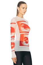 Jean Paul Gaultier Eyes And Lips Mesh Long Sleeve Printed Top in White, Red, & Light Orange, view 2, click to view large image.