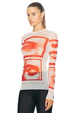 Jean Paul Gaultier Eyes And Lips Mesh Long Sleeve Printed Top in White, Red, & Light Orange, view 3, click to view large image.