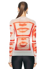 Jean Paul Gaultier Eyes And Lips Mesh Long Sleeve Printed Top in White, Red, & Light Orange, view 4, click to view large image.